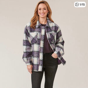 Democracy Long Blouson Sleeve Zip Front Collared Patch Pocket Plaid Jacket XS